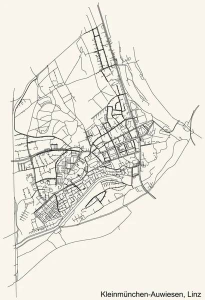 Nawigacja Szczegółowa Czarna Linia Ulica Miejska Mapa Kleinmnchen Auwiesen District — Wektor stockowy