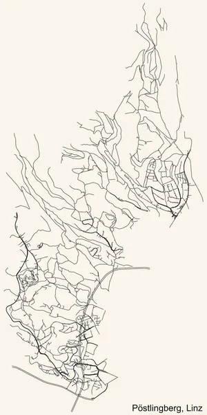 奥地利区域首府林茨的城市街道路线图 详细的导航黑线 具有古老的米色背景 — 图库矢量图片