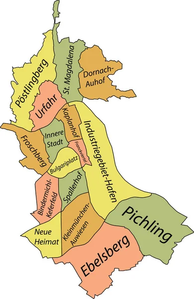 Pastel Plano Vectorial Mapa Administrativo Linz Austria Con Etiquetas Nombre — Vector de stock