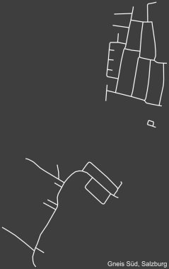 Avusturya 'nın başkenti Salzburg' un GNEIS SD DISTRICT 'inin koyu gri arka plan üzerindeki şehir caddelerinin detaylı haritası