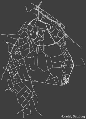 Avusturya 'nın bölgesel başkenti Salzburg' un NONNTAL DISTRICT 'inin koyu gri arka plan üzerindeki şehir caddelerinin detaylı haritası