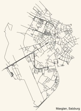 Avusturya 'nın başkenti Salzburg, Avusturya' nın MAXGLAN DISTRICT kentinin klasik bej arkaplanlı kentsel sokak haritasının ayrıntılı navigasyon siyah hatları