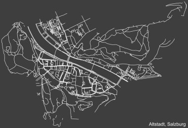 Avusturya 'nın bölgesel başkenti Salzburg' un ALTSTADT DISTRICT 'inin koyu gri arka plan üzerindeki şehir caddelerinin detaylı haritası