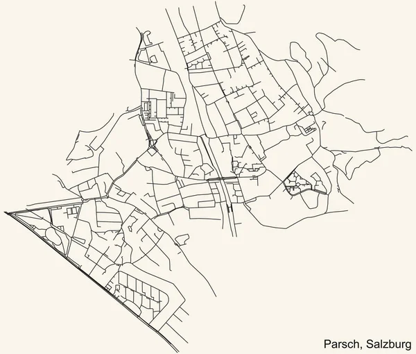 Navegación Detallada Black Lines Urban Street Roads Map Parsch District — Vector de stock