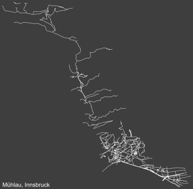 Avusturya 'nın bölgesel başkenti Innsbruck, Avusturya' nın MHLAU DISTRICT şehir haritasının beyaz çizgileri koyu gri arka planda
