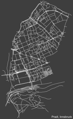 Avusturya 'nın bölgesel başkenti Innsbruck' un PRADL DISTRICT 'inin koyu gri arka plan üzerindeki şehir caddelerinin ayrıntılı haritası