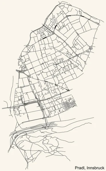 Avusturya 'nın bölgesel başkenti Innsbruck, Avusturya' nın PRADL DISTRICT kentinin klasik bej arkaplanlı kentsel sokak haritasının ayrıntılı navigasyon siyah hatları