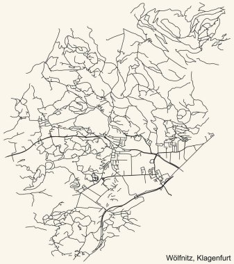 Avusturya 'nın başkenti Klagenfurt' un WLFNITZ DISTRICT kentinin klasik bej arkaplanlı kentsel sokak haritasının ayrıntılı navigasyon kara hatları