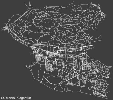 Avusturya 'nın başkenti Klagenfurt, Avusturya' nın başkentinin kentsel cadde haritası koyu gri arka plan üzerine ayrıntılı olumsuz navigasyon beyaz çizgileri.