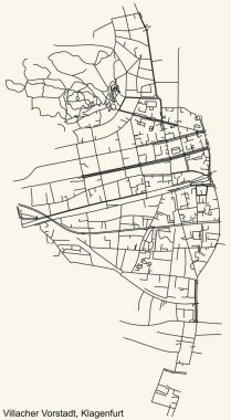 Avusturya 'nın bölgesel başkenti Klagenfurt' un VILLACHER VORSTADT DISTRICT 'inin klasik bej arkaplan haritası üzerinde ayrıntılı navigasyon siyah çizgileri