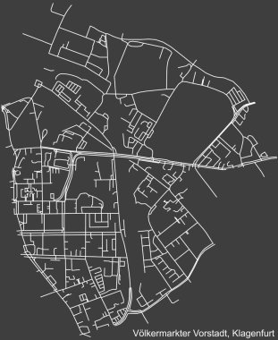 Avusturya 'nın bölgesel başkenti Klagenfurt' un VLKERMARKTER VORSTADT DISTRICT 'inin koyu gri arkaplan üzerindeki şehir caddelerinin ayrıntılı haritası