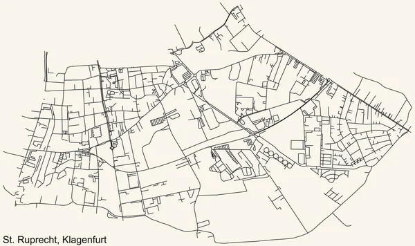 詳細ナビゲーションブラックライン聖ルプレヒト地区の都市道路地図ヴィンテージベージュの背景にオーストリアの首都クラゲンフルトのオーストリアの地区 — ストックベクタ