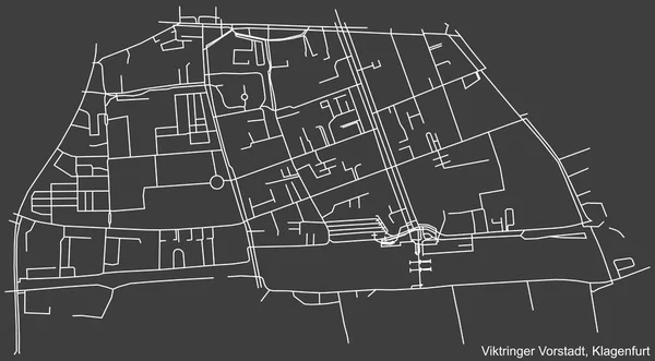 Avusturya 'nın bölgesel başkenti Klagenfurt' un VİKTRINGER VORSTADT DISTRICT 'inin koyu gri arka plan üzerindeki şehir caddelerinin detaylı haritası