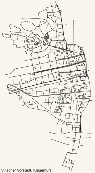 Avusturya 'nın bölgesel başkenti Klagenfurt' un VILLACHER VORSTADT DISTRICT 'inin klasik bej arkaplan haritası üzerinde ayrıntılı navigasyon siyah çizgileri