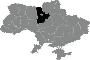 UKRAINE 'ın gri düz haritasının içindeki KYIV OBLAST' ın Ukrayna idari alanının siyah düz çizili yer bulucu haritası