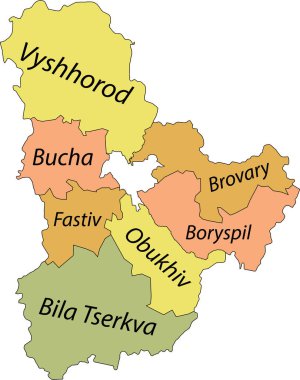 Ukrayna 'nın KYIV OBLAST idari bölgesinin siyah sınır çizgileri ve rayonlarının isim etiketleriyle Pastel düz vektör haritası