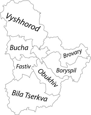 Ukrayna 'nın KYIV OBLAST idari bölgesinin beyaz düz vektör haritası, siyah sınır çizgileri ve rayonlarının isim etiketleriyle UKRAINE
