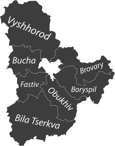 Kyiv Oblastのウクライナ行政区の放射線領域の暗い灰色のフラットベクトルマップ 白い境界線とそのレーションの名前タグを持つUkraine — ストックベクタ