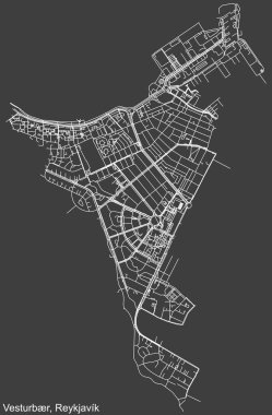 İzlanda 'nın başkenti Reykjavik, İzlanda' nın VESTURBR DiSTRICT şehir haritasının beyaz çizgileri koyu gri arka planda