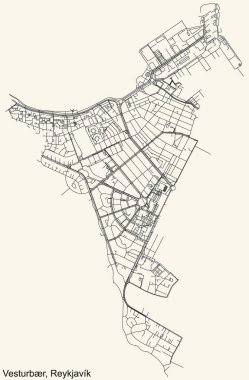 İzlanda 'nın başkenti Reykjavik, İzlanda' nın klasik bej arka plan üzerindeki VESTURBR DISTRICT şehir haritasının ayrıntılı navigasyon siyah hatları