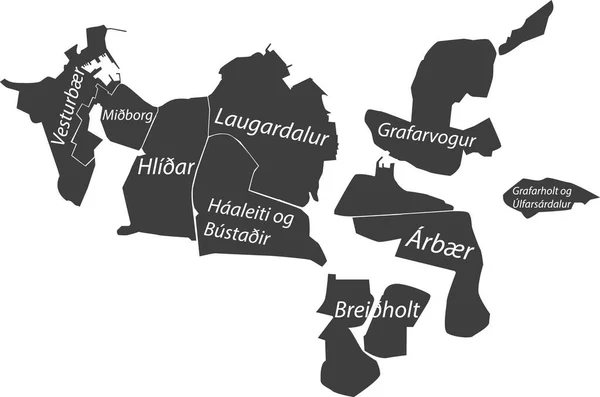 Ciemnoszara Płaska Wektorowa Mapa Administracyjna Reykjavik Iceland Identyfikatorami Nazw Białymi — Wektor stockowy