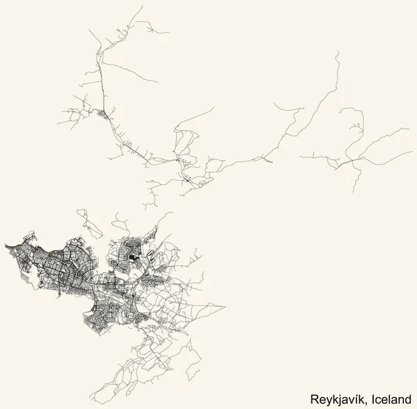 Detaillierte Navigation Schwarze Linien Stadtplan Der Isländischen Hauptstadt Reykjavik Island — Stockvektor