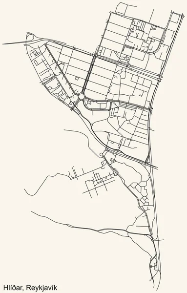 Detaillierte Navigation Schwarze Linien Stadtplan Der Hlar District Der Isländischen — Stockvektor