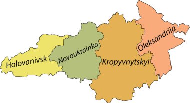 Ukrayna 'nın KIROVOHRAD OBLAST idari bölgesinin siyah sınır çizgileri ve iyonlarının isim etiketleriyle Pastel düz vektör haritası