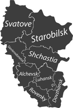 LUHANSK OBLAST, UKRAINE 'ın Ukrayna idari alanının beyaz sınır çizgileri ve rayonlarının isim etiketleriyle koyu gri düz vektör haritası