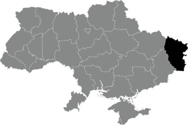 UKRAINE 'ın gri düz haritasının içindeki LUHANSK OBLAST' ın Ukrayna idari alanının siyah düz noktalı yer bulucu haritası