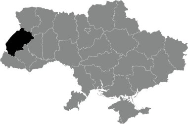 UKRAINE 'ın gri düz haritasının içindeki LVIV OBLAST' ın Ukrayna idari alanının siyah düz çizgili yer bulucu haritası