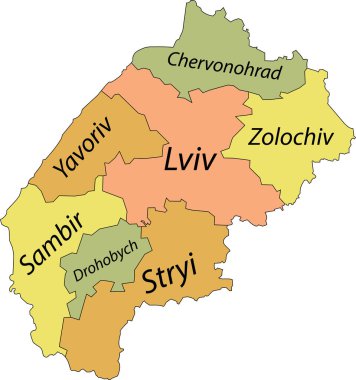 Ukrayna 'nın LVIV OBLAST idari bölgesinin siyah sınır çizgileri ve rayonlarının isim etiketleriyle Pastel düz vektör haritası
