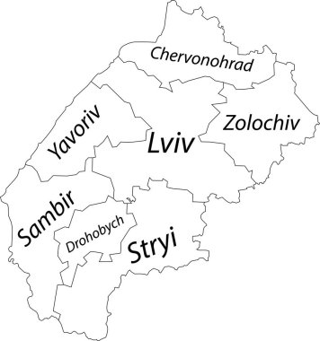 Ukrayna 'nın LVIV OBLAST idari alanının beyaz düz vektör haritası, siyah sınır çizgileri ve rayonlarının isim etiketleri ile UKRAINE