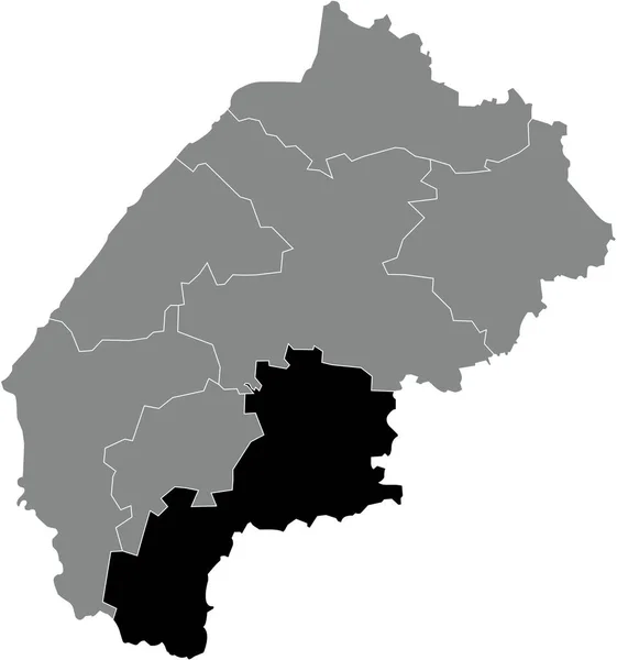 ウクライナのリヴィウ州のウクライナ行政区の灰色のレーションマップ内のStryi Raionの黒のフラットブランクハイライト位置マップ — ストックベクタ
