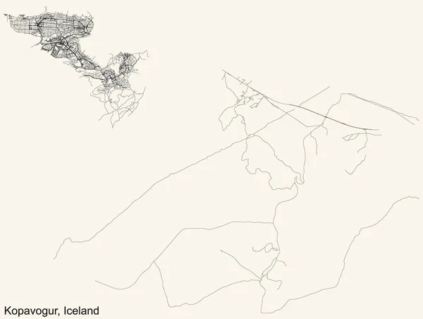 Detaillierte Navigation Schwarze Linien Stadtplan Der Isländischen Regionalhauptstadt Kpavogur Iceland — Stockvektor