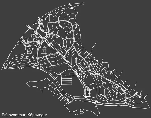 İzlanda 'nın başkenti Kpavogur, İzlanda' nın FFUHVAMMUR DISTRICT şehir haritasının ayrıntılı olumsuz navigasyon beyaz çizgileri koyu gri arka planda