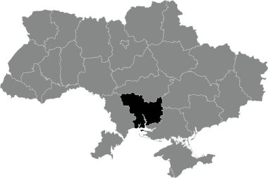 MYKOLAIV OBLAST 'ın UKRAINE' ın gri düz haritasının içindeki Ukrayna idari bölgesinin siyah düz çizili yer bulucu haritası