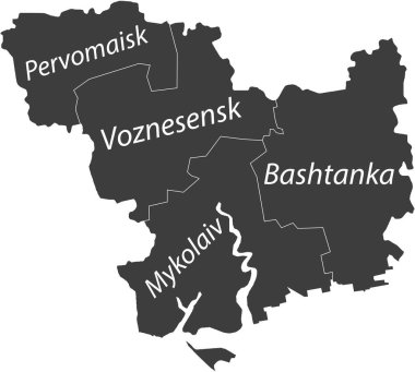 Ukrayna 'nın MYKOLAIV OBLAST idari bölgesinin, beyaz sınır çizgileri ve rayonlarının isim etiketleriyle koyu gri düz vektör haritası