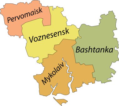 Ukrayna 'nın MYKOLAIV OBLAST idari bölgesinin siyah sınır çizgileri ve rayonlarının isim etiketleriyle Pastel düz vektör haritası