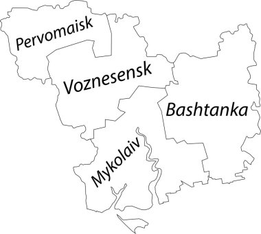 Ukrayna 'nın MYKOLAIV OBLAST idari alanının beyaz düz vektör haritası, siyah sınır çizgileri ve rayonlarının isim etiketleri