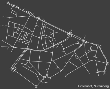 Almanya 'nın başkenti Nuremberg' in GOSTENHOF DISTRICT 'inin koyu gri arkaplan üzerine kurulu şehir caddelerinin detaylı haritası