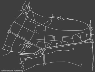 Alman bölgesel başkenti Nuremberg 'in MARIENVORSTADT DISTRICT' inin şehir caddeleri haritası, koyu gri arka plan üzerine ayrıntılı olumsuz navigasyon.