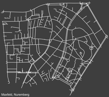 Almanya 'nın başkenti Almanya' nın Nuremberg bölgesinin MAXFELD DISTRICT şehir haritasının beyaz çizgileri koyu gri arkaplan üzerine ayrıntılı seyrüsefer