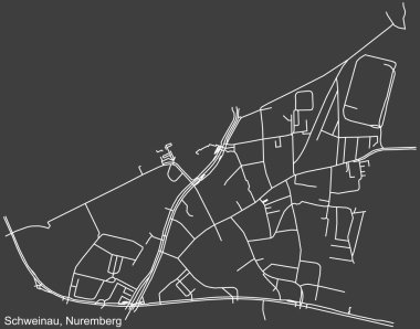 Alman bölgesel başkenti Nuremberg, Almanya 'nın SCHWEINAU DISTRICT' nin şehir caddeleri haritasının ayrıntılı negatif seyrüsefer beyaz çizgileri koyu gri arka planda