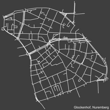 Alman bölgesel başkenti Nuremberg, Almanya 'nın GLOCKENHOF DISTRICT şehir haritasının beyaz çizgileri koyu gri arkaplan üzerine ayrıntılı seyrüsefer