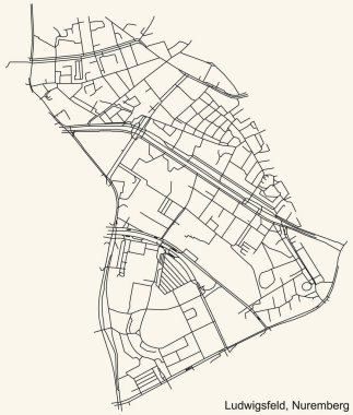 Alman bölgesel başkenti Nuremberg 'in LUDWIGSFELD DISTRICT şehir haritası, Almanya' nın klasik bej arka planında ayrıntılı navigasyon siyah hatları