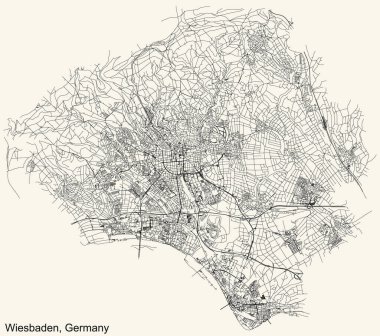 Alman bölgesel başkenti WIESBADEN, GERMANY 'nin klasik bej arka plan üzerindeki kentsel sokak haritasının ayrıntılı navigasyon siyah hatları