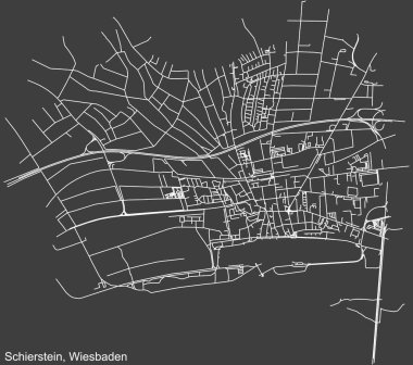 Alman bölgesel başkenti Wiesbaden, Almanya 'nın SCHIERSTEIN DISTRICT' in şehir caddeleri haritası üzerinde ayrıntılı olumsuz navigasyon beyaz çizgileri koyu gri arka plan üzerine