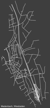Alman bölgesel başkenti Wiesbaden 'in MEDENBACH DISTRICT şehir haritasının beyaz çizgileri koyu gri arka plan üzerine ayrıntılı olarak çizildi