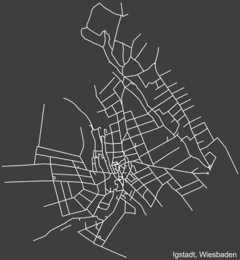 Alman bölgesel başkenti Wiesbaden, Almanya 'nın IGSTADT DISTRICT' nin şehir caddeleri haritası üzerinde koyu gri arka plan üzerinde ayrıntılı bir olumsuz seyrüsefer.